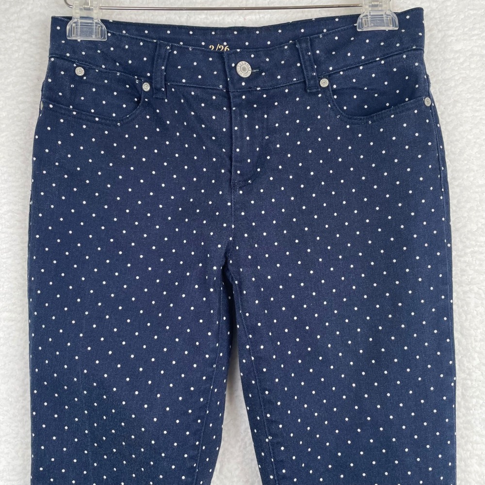 Talbots Signature Slim Crop Pants‎ 2/26 Navy Blue White Polka Dot Denim Stretch